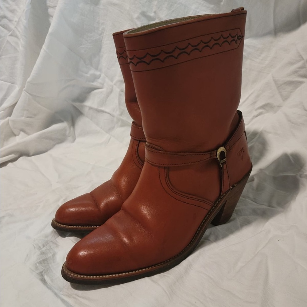 Vintage Frye Red Leather Western Midi Boot